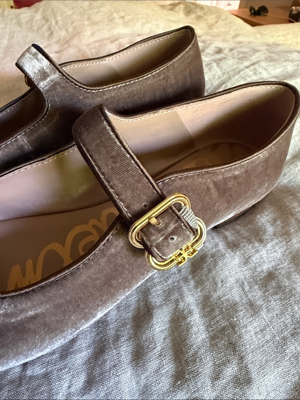 Sam Edelman Michaela Green Velvet Mary Jane Flats with Gold Buckles - Picture 3 of 7